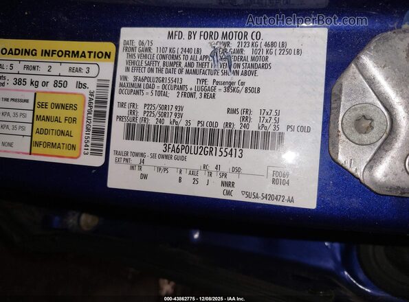 3FA6P0LU2GR155413 2016 FORD FUSION HYBRID Blue Widok komory silnika