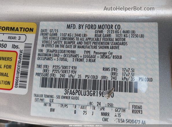 3FA6P0LU3GR190980 2016 FORD FUSION HYBRID Silver Widok komory silnika