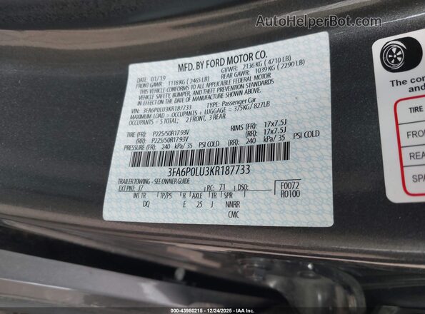 3FA6P0LU3KR187733 2019 FORD FUSION HYBRID Gray Engine compartment view