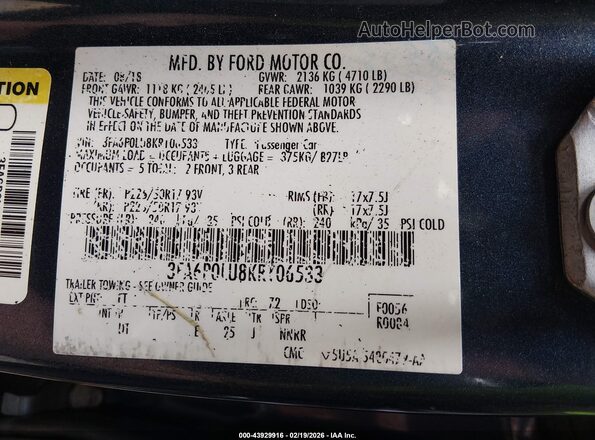 3FA6P0LU8KR106533 2019 FORD FUSION HYBRID Blue 