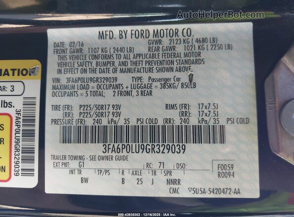 3FA6P0LU9GR329039 2016 FORD FUSION HYBRID Black ძრავის განყოფილების ხედი