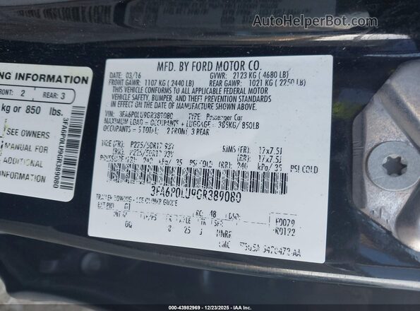 3FA6P0LU9GR389080 2016 FORD FUSION HYBRID Black Widok komory silnika