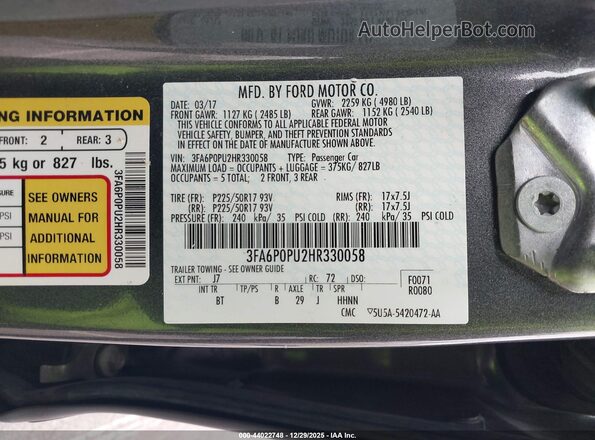 3FA6P0PU2HR330058 2017 FORD FUSION ENERGI Gray Vista del compartimento del motor