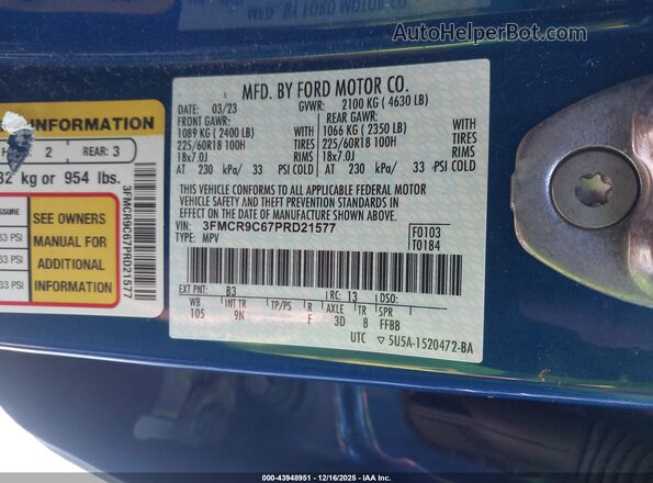 3FMCR9C67PRD21577 2023 FORD BRONCO SPORT Blue Vista del compartimento del motor