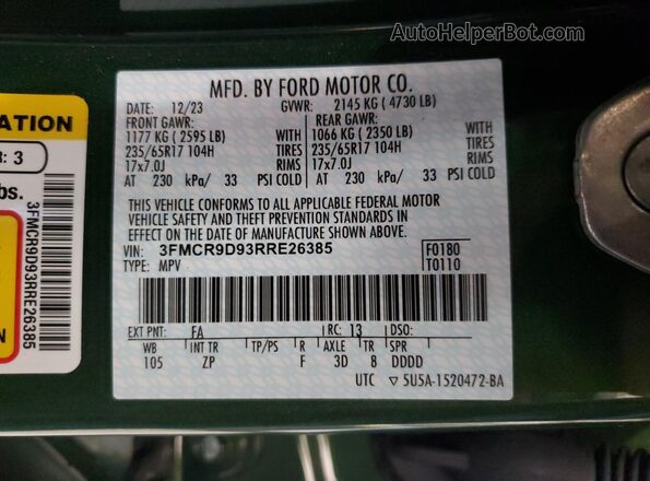 3FMCR9D93RRE26385 2024 FORD BRONCO Green Vista de la etiqueta del VIN