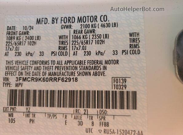 3FMCR9K60RRF62918 2024 FORD BRONCO White Widok wnętrza 360 stopni