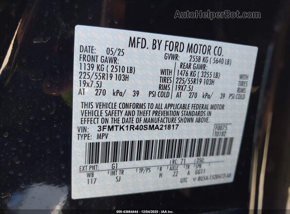 3FMTK1R40SMA21817 2025 FORD MUSTANG MACH-E Black Engine compartment view