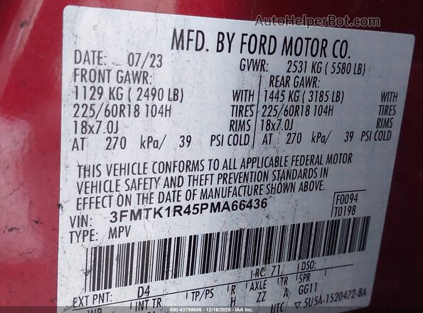 3FMTK1R45PMA66436 2023 FORD MUSTANG MACH-E Бордовый 