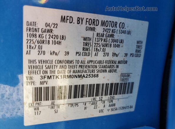 3FMTK1RM0NMA25368 2022 FORD MUSTANG Синий 