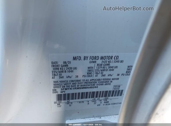 3FMTK1RM9MMA49280 2021 FORD MUSTANG MACH-E White ძრავის განყოფილების ხედი