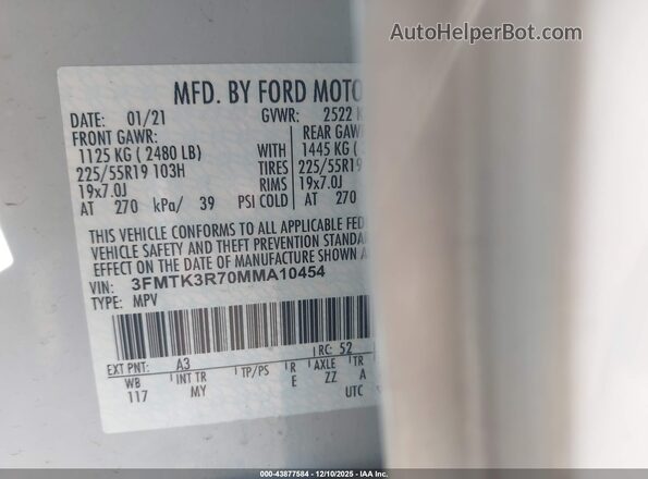 3FMTK3R70MMA10454 2021 FORD MUSTANG MACH-E PREMI White 