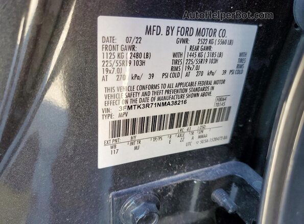 3FMTK3R71NMA38216 2022 FORD MUSTANG MACH-E PREMI Charcoal Widok naklejki z numerem VIN