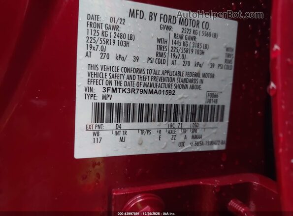 3FMTK3R79NMA01592 2022 FORD MUSTANG MACH-E PREMI Красный Вид подкапотного пространства