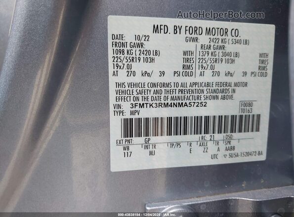 3FMTK3RM4NMA57252 2022 FORD MUSTANG MACH-E PREMI Blue Vista del compartimento del motor