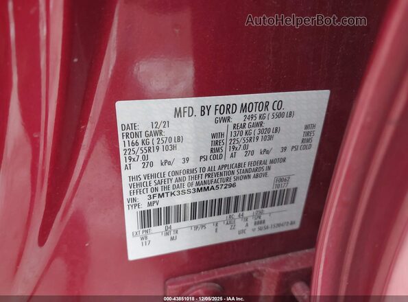 3FMTK3SS3MMA57296 2021 FORD MUSTANG MACH-E PREMI Red ძრავის განყოფილების ხედი