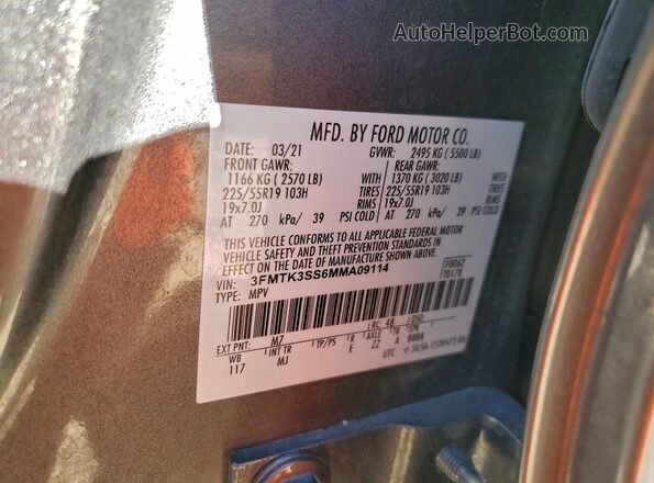 3FMTK3SS6MMA09114 2021 FORD MUSTANG MACH-E PREMI Gray Вид наклейки з VIN-кодом