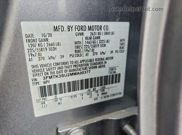 3FMTK3SU2MMA00377 2021 FORD MUSTANG MACH-E PREMI Silver Շարժիչի բաժամունքի տեսք