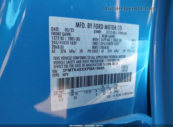 3FMTK4SXXPMA19666 2023 FORD MUSTANG MACH-E Blue Widok komory silnika
