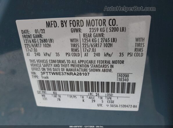 3FTTW8E37NRA28107 2022 FORD MAVERICK Blue Вид підкапотного простору