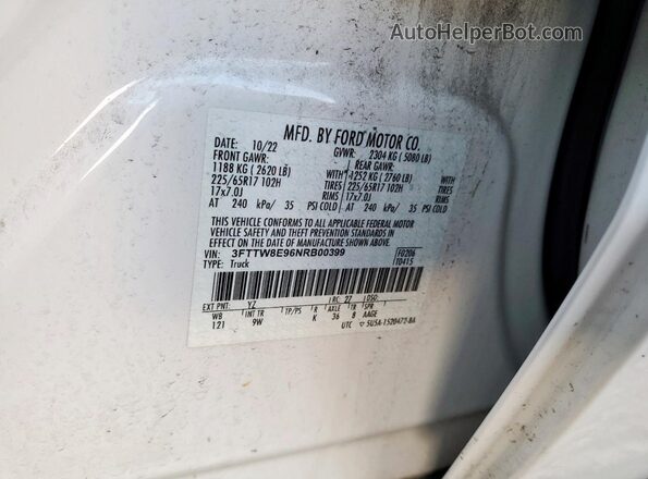 3FTTW8E96NRB00399 2022 FORD MAVERICK White VIN կոդի պիտակի տեսք