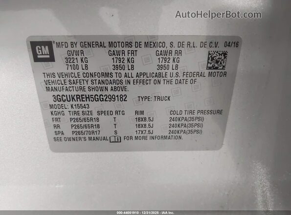 3GCUKREH5GG299182 2016 CHEVROLET SILVERADO Silver Շարժիչի բաժամունքի տեսք