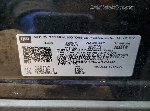 3GKALMEV4NL147010 2022 GMC TERRAIN Black Widok naklejki z numerem VIN