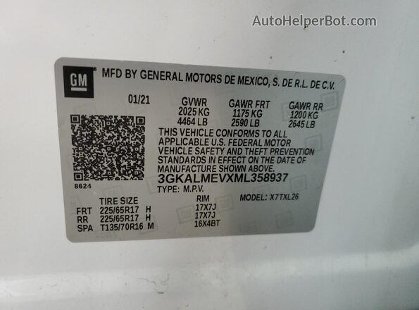 3GKALMEVXML358937 2021 GMC TERRAIN White Widok naklejki z numerem VIN