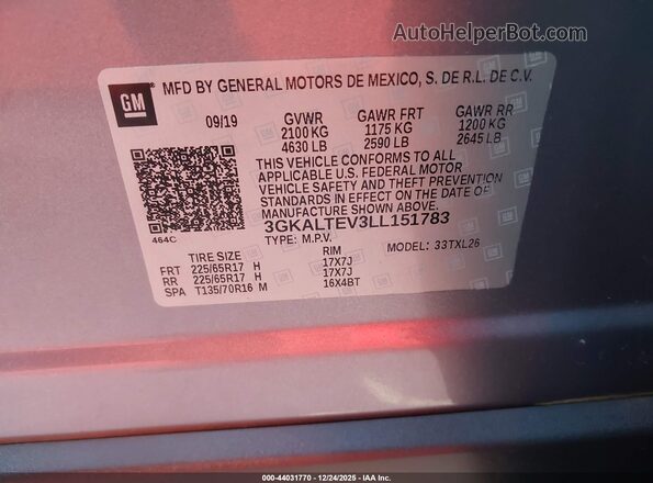 3GKALTEV3LL151783 2020 GMC TERRAIN Gray ძრავის განყოფილების ხედი