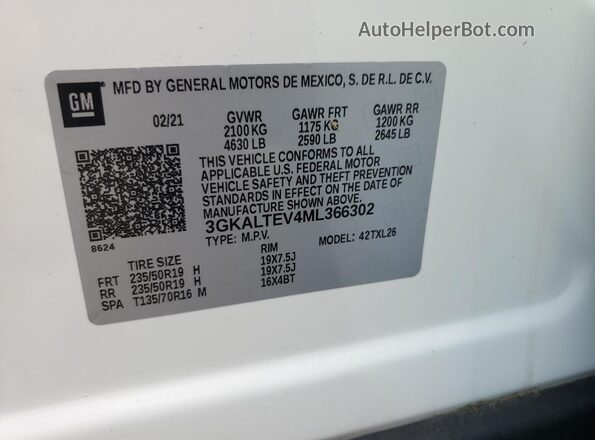 3GKALTEV4ML366302 2021 GMC TERRAIN White Vista interior de 360 grados