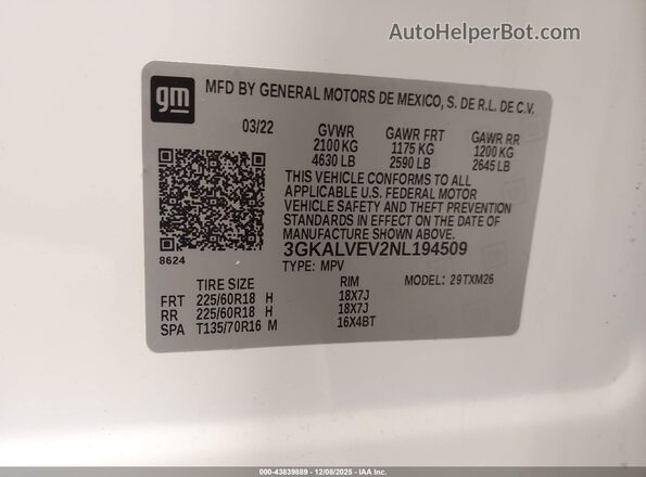 3GKALVEV2NL194509 2022 GMC TERRAIN White Engine compartment view