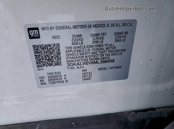 3GKALVEV6ML388698 2021 GMC TERRAIN White Widok naklejki z numerem VIN