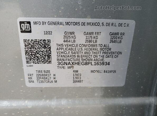 3GNAXHEG8PL165934 2023 CHEVROLET EQUINOX Silver Widok naklejki z numerem VIN