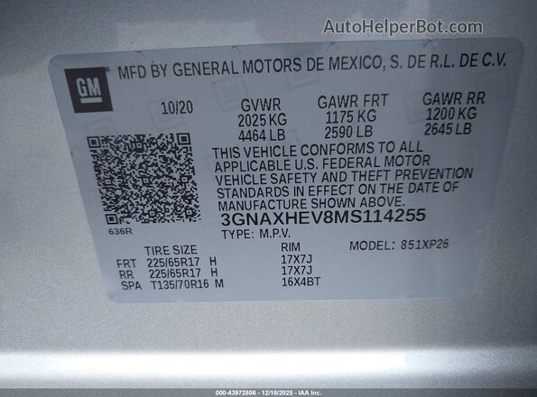 3GNAXHEV8MS114255 2021 CHEVROLET EQUINOX Silver Շարժիչի բաժամունքի տեսք