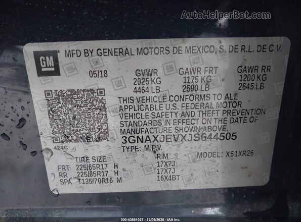3GNAXJEVXJS644505 2018 CHEVROLET EQUINOX Blue Շարժիչի բաժամունքի տեսք