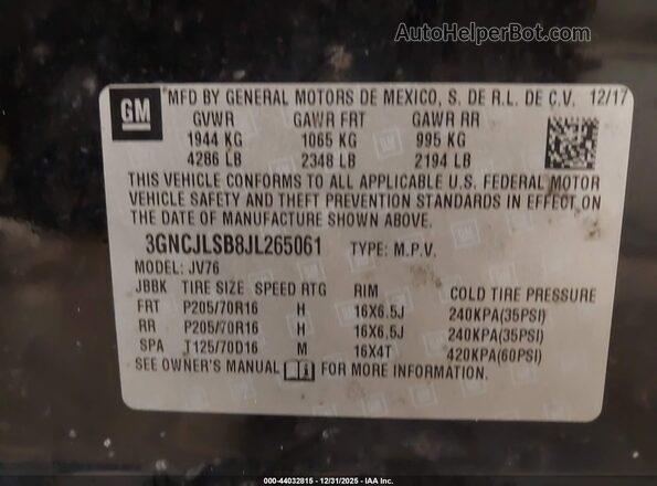 3GNCJLSB8JL265061 2018 CHEVROLET TRAX Black Вид підкапотного простору