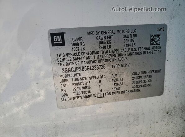 3GNCJPSB6GL233726 2016 CHEVROLET TRAX White Widok naklejki z numerem VIN