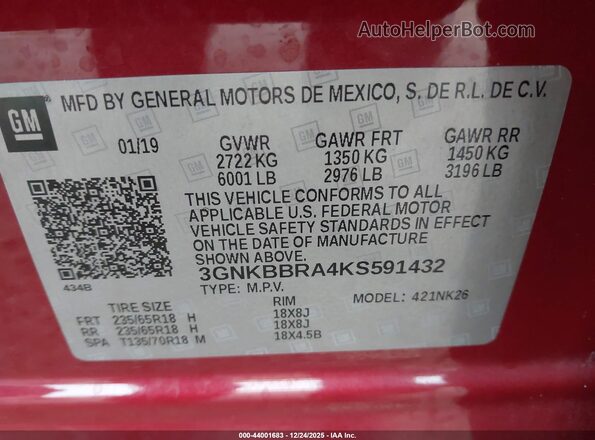 3GNKBBRA4KS591432 2019 CHEVROLET BLAZER Red ძრავის განყოფილების ხედი
