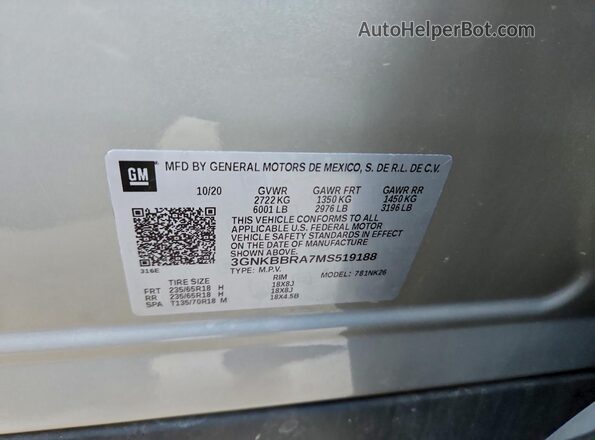 3GNKBBRA7MS519188 2021 CHEVROLET BLAZER Gray 