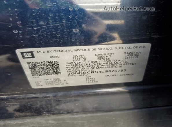 3GNKBCRS4LS675783 2020 CHEVROLET BLAZER Black VIN კოდის სტიკერის ხედი