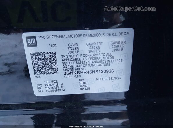 3GNKBHR45NS130936 2022 CHEVROLET BLAZER Black 