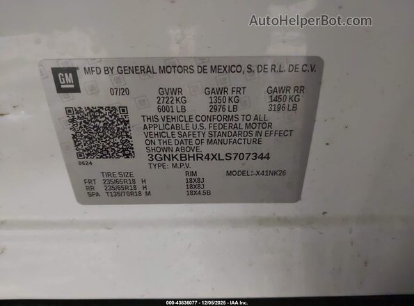 3GNKBHR4XLS707344 2020 CHEVROLET BLAZER White ძრავის განყოფილების ხედი