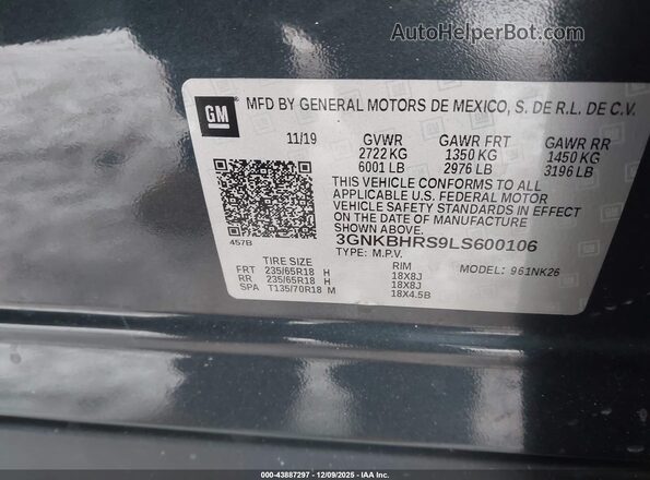 3GNKBHRS9LS600106 2020 CHEVROLET BLAZER Черный Вид подкапотного пространства