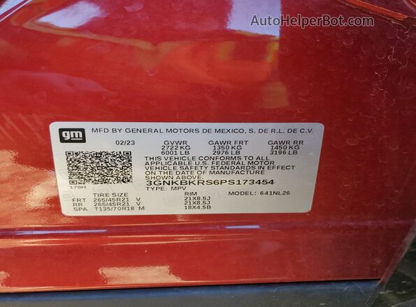 3GNKBKRS6PS173454 2023 CHEVROLET BLAZER Red Vista de la etiqueta del VIN