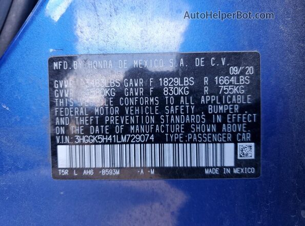 3HGGK5H41LM729074 2020 HONDA FIT Blue Widok komory silnika
