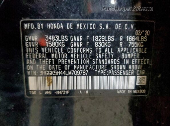 3HGGK5H44LM709787 2020 HONDA FIT Black Շարժիչի բաժամունքի տեսք