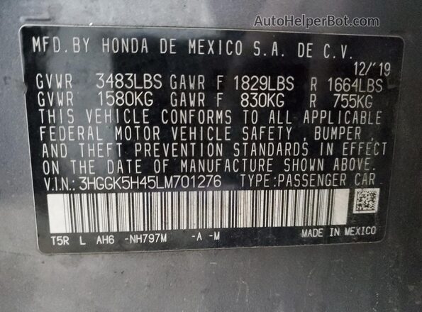 3HGGK5H45LM701276 2020 HONDA FIT Gray Widok komory silnika