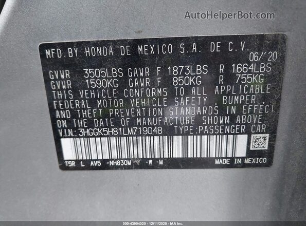 3HGGK5H81LM719048 2020 HONDA FIT Silver Widok komory silnika