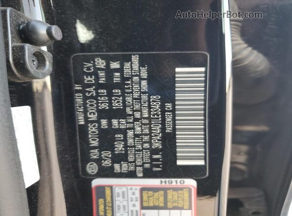 3KPA24AD1LE334878 2020 KIA RIO Black Vista del compartimento del motor