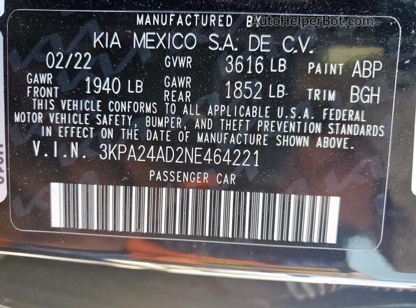3KPA24AD2NE464221 2022 KIA RIO Black Вид наклейки з VIN-кодом