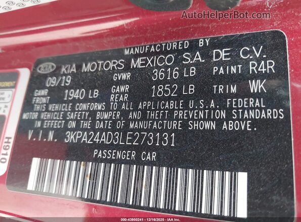 3KPA24AD3LE273131 2020 KIA RIO Red Вид підкапотного простору
